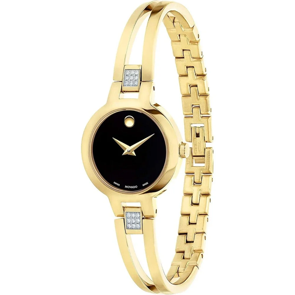 MOVADO AMOROSA 0607155 BLACK DIAL GOLD BRACELET STAINLESS STEEL 24MM WOMEN WATCH